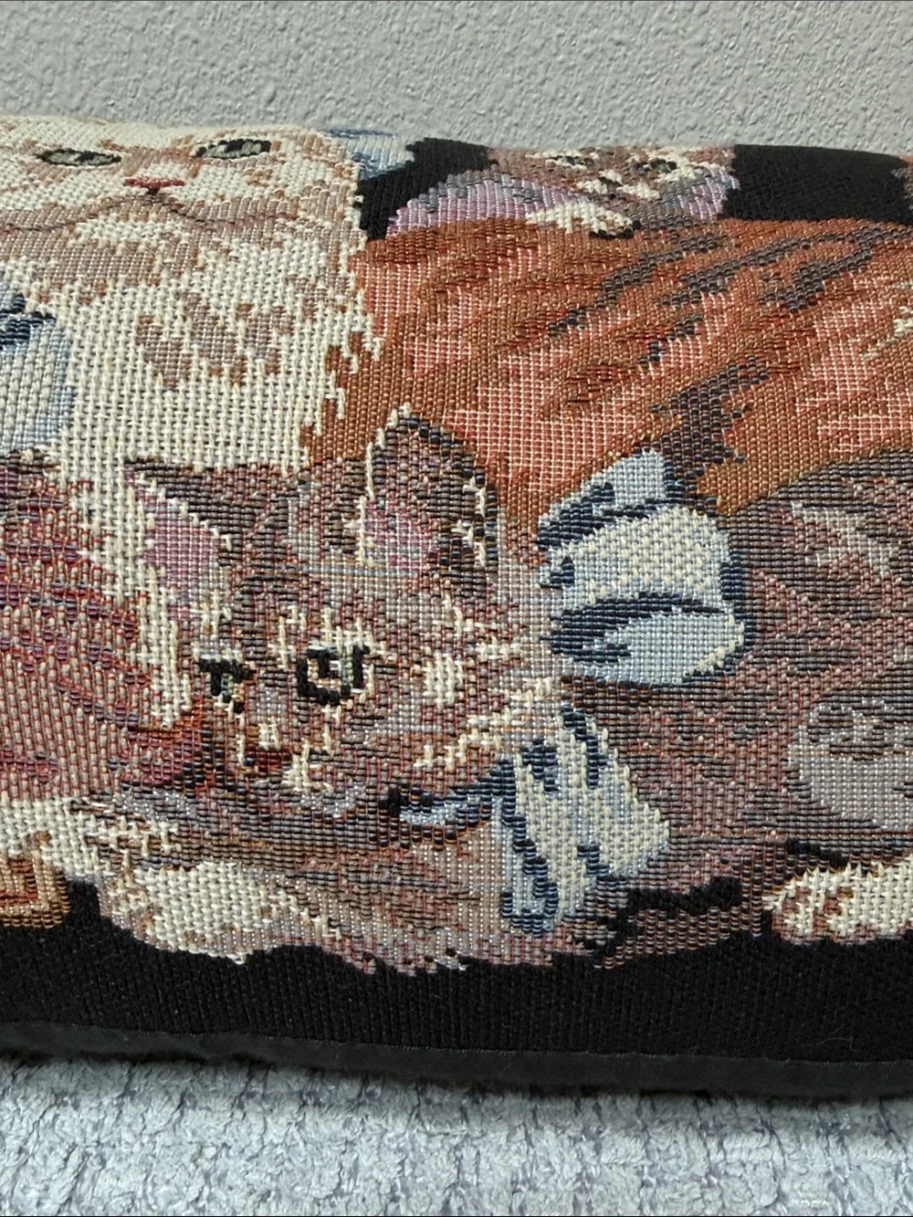Cottagecore Kitty Cats Embroidered Tapestry Pillow Cat Decor Black Tan Ivory